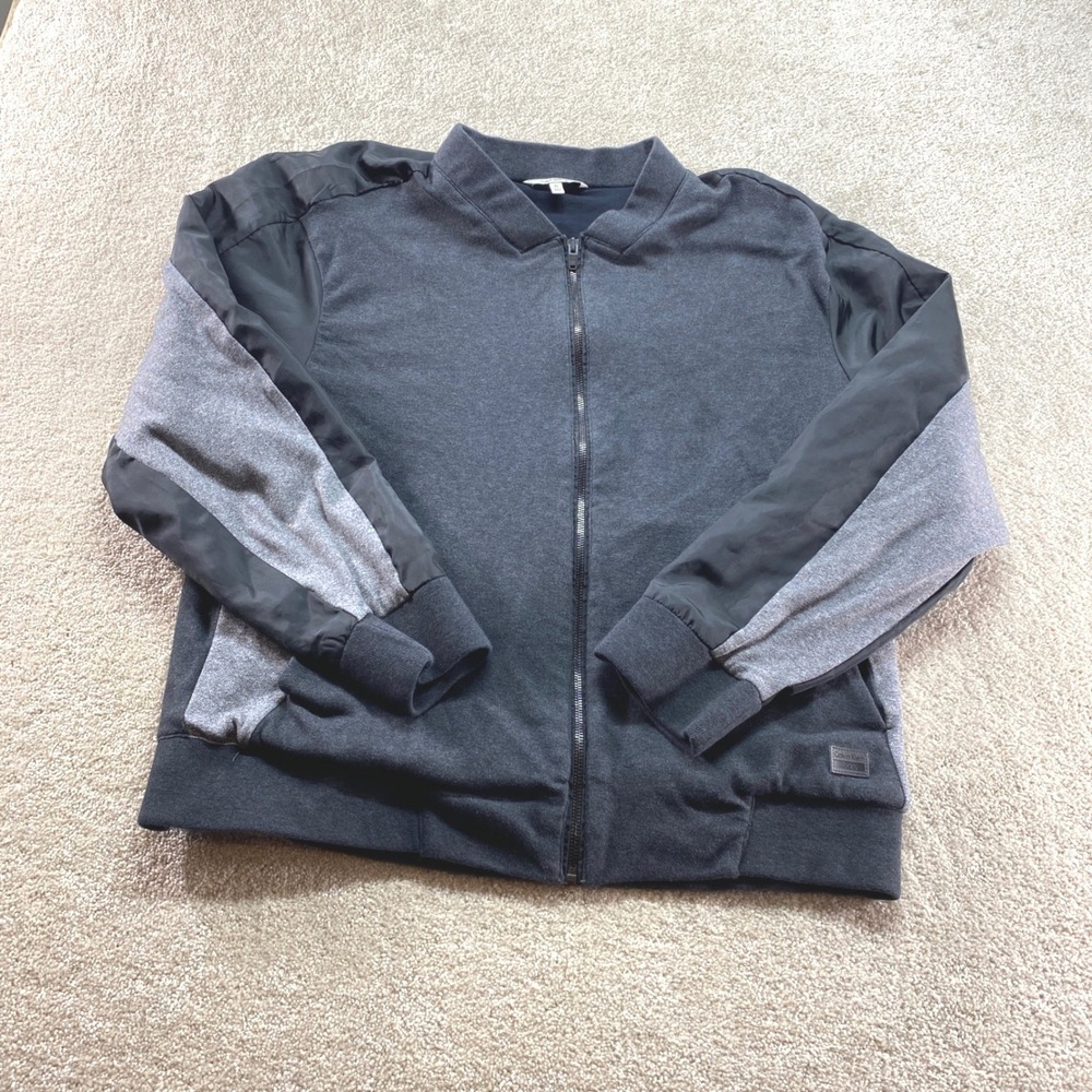 Calvin Klein Bomber Jacket Mens XL Grey Colorblock Full Zip Mixed Media Coat